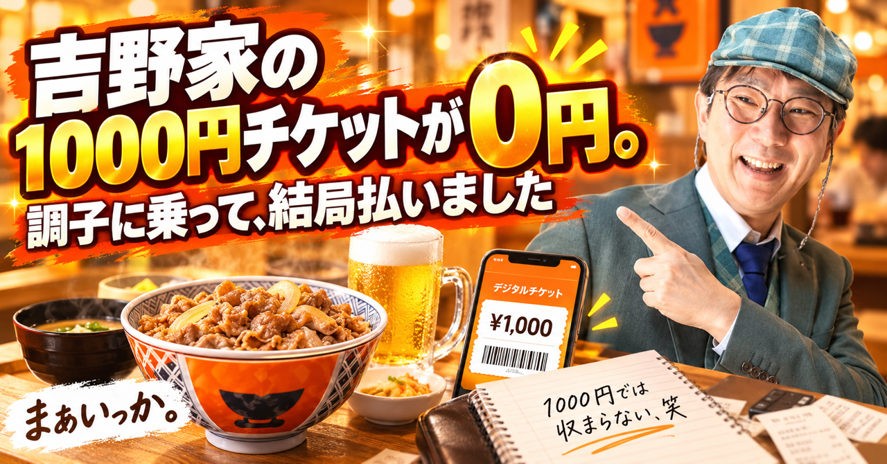 吉野家の1000円チケットが0円。調子に乗って、結局払いました
